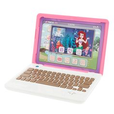 the little mermaid laptop is pink and has brown keys on it's keyboard,