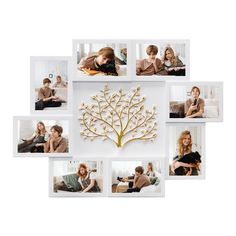 a collage of photos with people and a tree on the wall in front of them