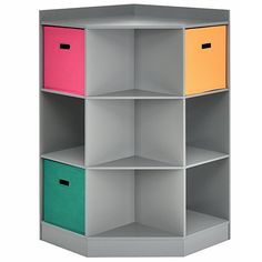 three shelves with different colored bins in them