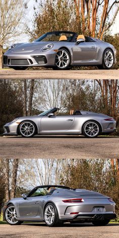 three different views of a silver sports car parked in front of some trees and bushes