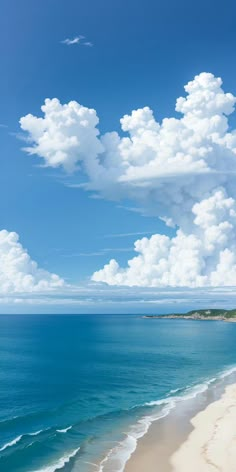 the beach is empty and blue with white clouds in the sky above it, as well as water below