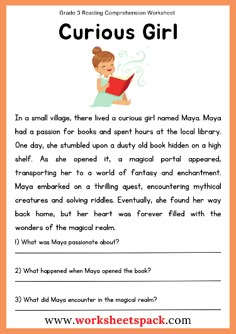 the curious girl reading worksheet for kids with an orange background and text that reads curious