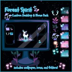 a computer screen with an image of a deer in the background and text that reads forest spirit custom desktop & phone pack includes wallpaper, icons