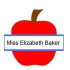 a red apple with a blue ribbon around it and the words miss elizabeth baker below