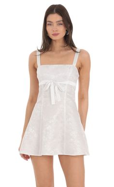 Jacquard Satin Ribbon Dress in White | LUCY IN THE SKY Best Graduation Dresses, Grad Outfits, White Dresses Graduation, Sporty Chic Style, Ribbon Dress, Grad Dresses, Fashion And Design, Design Dress, Hoco Dresses