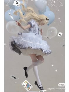 a girl in a dress is flying through the air with balloons and stars around her