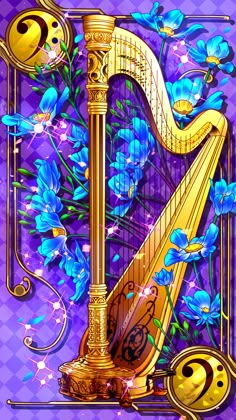 a painting of a golden harp with blue flowers