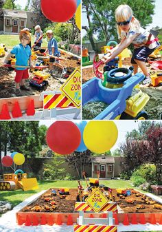 children are playing in the sand at a yard party with balloons and construction signs on it