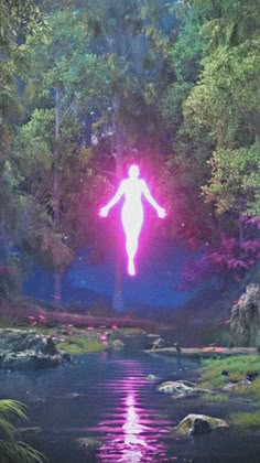 a person standing in the middle of a lake surrounded by trees and bushes with their arms outstretched