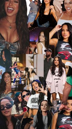 the collage shows many different women and men in their outfits, with one woman wearing sunglasses