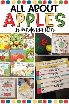 all about apples in kindergartn with pictures and words on it, including an apple