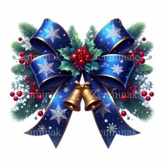 a blue bow with holly and bells on it, surrounded by snowflakes