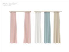 four different colored curtains hanging from the side of each other with gold hardware on them