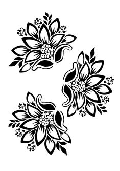 three black and white floral designs on a white background, each with different flowers in the center