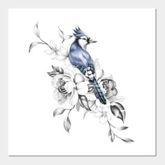 a blue bird sitting on top of a white flower covered branch with leaves and flowers around it