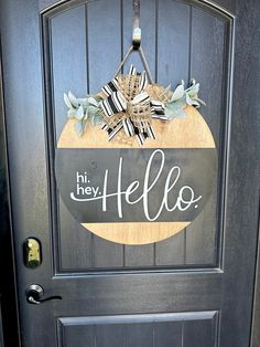 Hi Hey Hello Door Hanger Bunny Door Hanger, Door Signs Diy, Wooden Door Hanger, Hi Hello, Hello Sign, Wood Door Hangers, Wooden Door Hangers, Shop Front, Welcome Wreath