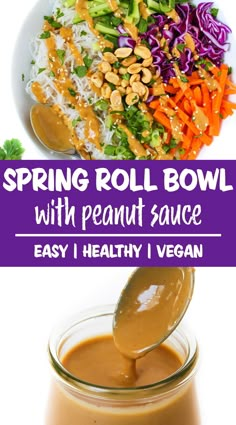 a bowl filled with carrots, lettuce and dressing next to a jar of peanut sauce