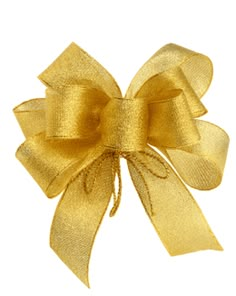 a large gold bow with a ribbon on the front and side of it's head