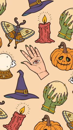 halloween seamless wallpaper with hand and pumpkins on green background, including witch's hat