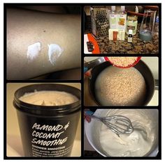 four pictures showing how to use coconut milk for hair and body care products in the kitchen