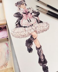 a drawing of a girl in a dress and boots with paintbrushes next to it