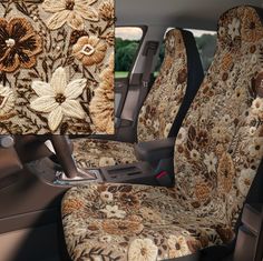 the interior of a car with floral fabric