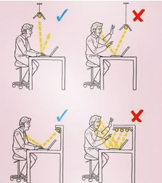 the instructions for how to sit at a table with two people sitting at it and one person working on a laptop