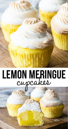 lemon meringue cupcakes with white frosting on top and the title overlay reads, lemon meringue cupcakes