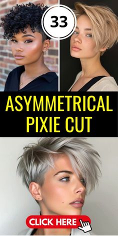 The Asymmetrical Pixie Cut is a perfect choice for those with a round face and short, thick hair. This stylish look features an undercut with long bangs that frame the face beautifully. It's ideal for fine hair as well, providing a textured view that enhances natural beauty. This cut suits black women and older women, making it a versatile option for all. Women Short Hair Shaved Sides, Long Asymmetrical Pixie Haircut, Asymmetrical Undercut Pixie Bob, Long Top Short Sides Hair Women, Pixie With Undercut Fine Hair, Long Bang Pixie Cut, Short Hair Long On Top, Pixie Undercut Hairstyles Edgy, Super Short Pixie Round Face