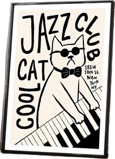 a black and white poster with a cat playing the piano