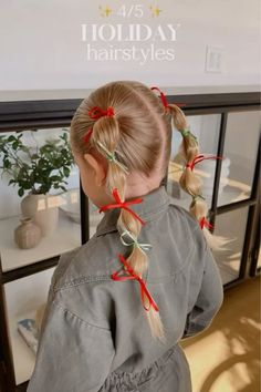 Kids Holiday Hairstyle Kid Christmas Hairstyles, Christmas Toddler Hair, Kids Holiday Hairstyles, Christmas Toddler Hairstyles, Toddler Christmas Hair, Holiday Hairstyles For Kids, Kids Christmas Hairstyles, Hairstyle Ribbon