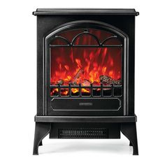 an electric stove with flames in the front and side panels on it's sides