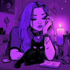 a woman sitting at a table with a black cat in front of her and a lit candle