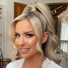 Bridal Hair Half Up High Pony, Volume Bride Hair, Voluminous Hairstyles Half Up, Voluminous Hair Styles Wedding, Womens Updo Hairstyles, Glam Waves Half Up Half Down, Hairstyle Down, Half Up High Pony