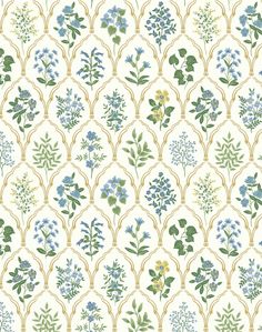 a wallpaper with blue and green flowers on it