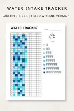 the water intake tracker is shown in blue and green squares, with text on it