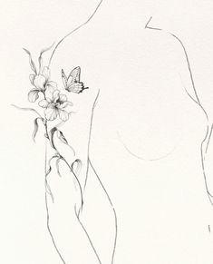 a black and white drawing of a woman's torso with flowers in her hand