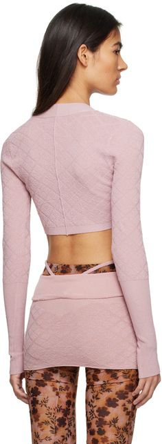 Knit stretch viscose-blend sweater. Argyle pattern and metallic thread detailing throughout. · Rib knit V-neck, hem, and cuffs · Cropped hem Supplier color: Pink Argyle Pattern, Metallic Thread, Pink Sweater, Cali, Rib Knit, Knitted Sweaters, Thread, Women Wear, V Neck