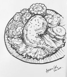 a black and white drawing of a turkey on a plate