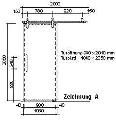 the drawing shows an open door with measurements