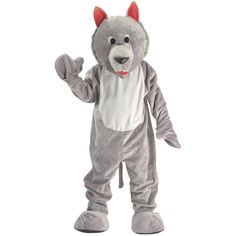 a person in a gray wolf costume standing with one hand up and the other on his hip