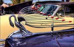 the hood ornament of an old car with a swan on it