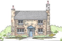 this is an artist's rendering of a stone cottage with blue doors and windows