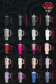 the different types of coffee mugs are shown in this graphic style, with their names and colors