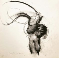 a black and white drawing of a woman's head with hair blowing in the wind