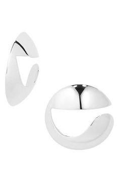 Coperni translates its 'C' logo into sculptural frontal hoops plated in polished silvertone. Post back Silvertone plate Made in Italy Modern Plated Hoop Earrings, Modern Silver Metal Hoop Earrings, Modern Silver Hoop Earrings For Formal Occasions, Contemporary Metal Earrings With Polished Finish, Modern Metal Open Circle Hoop Earrings, Modern Sphere Earrings With Polished Finish, Modern Polished Sphere Earrings, Modern White Gold Earrings With Shiny Finish, Modern White Gold Earrings