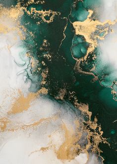 an abstract painting with gold and green colors