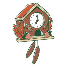 a red cuckoo clock hanging from the side of a wooden shelf with autumn leaves and acorns