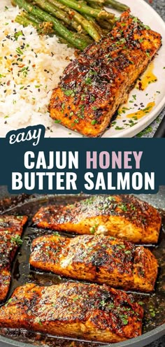 easy cajun honey butter salmon with asparagus and rice