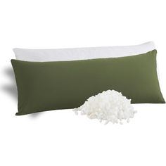 two pillows and a pillow with white flowers on them, one is green and the other is white